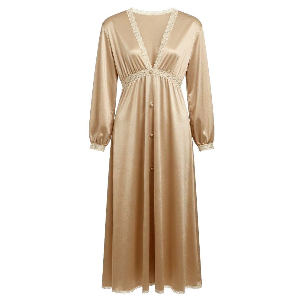 Vintage Miss Elaine Robe S Long Champagne Nylon Satin Lace Trim Long Sleeves USA